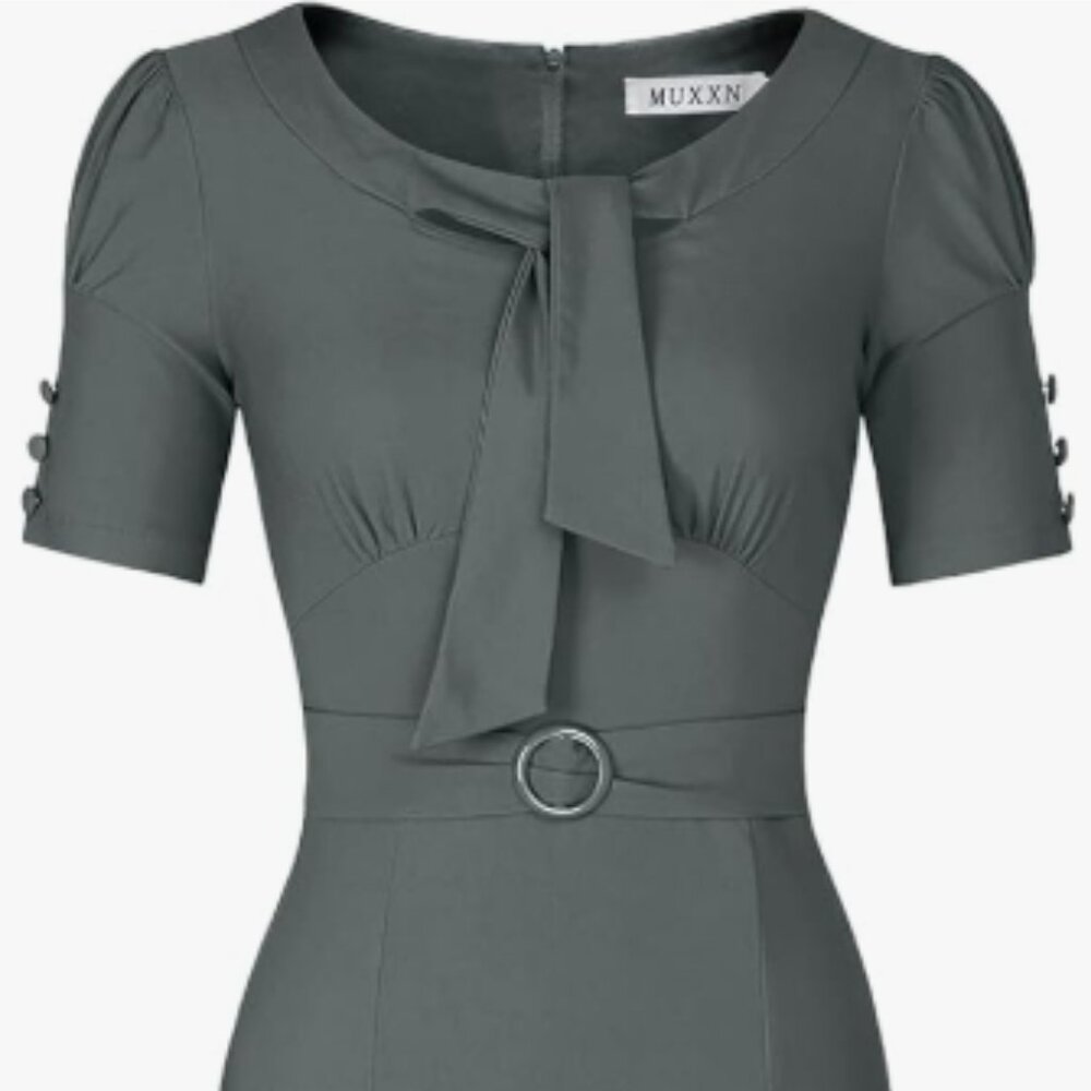 Gray Vintage Tie-Neck Flared Midi Dress - Size 2XL